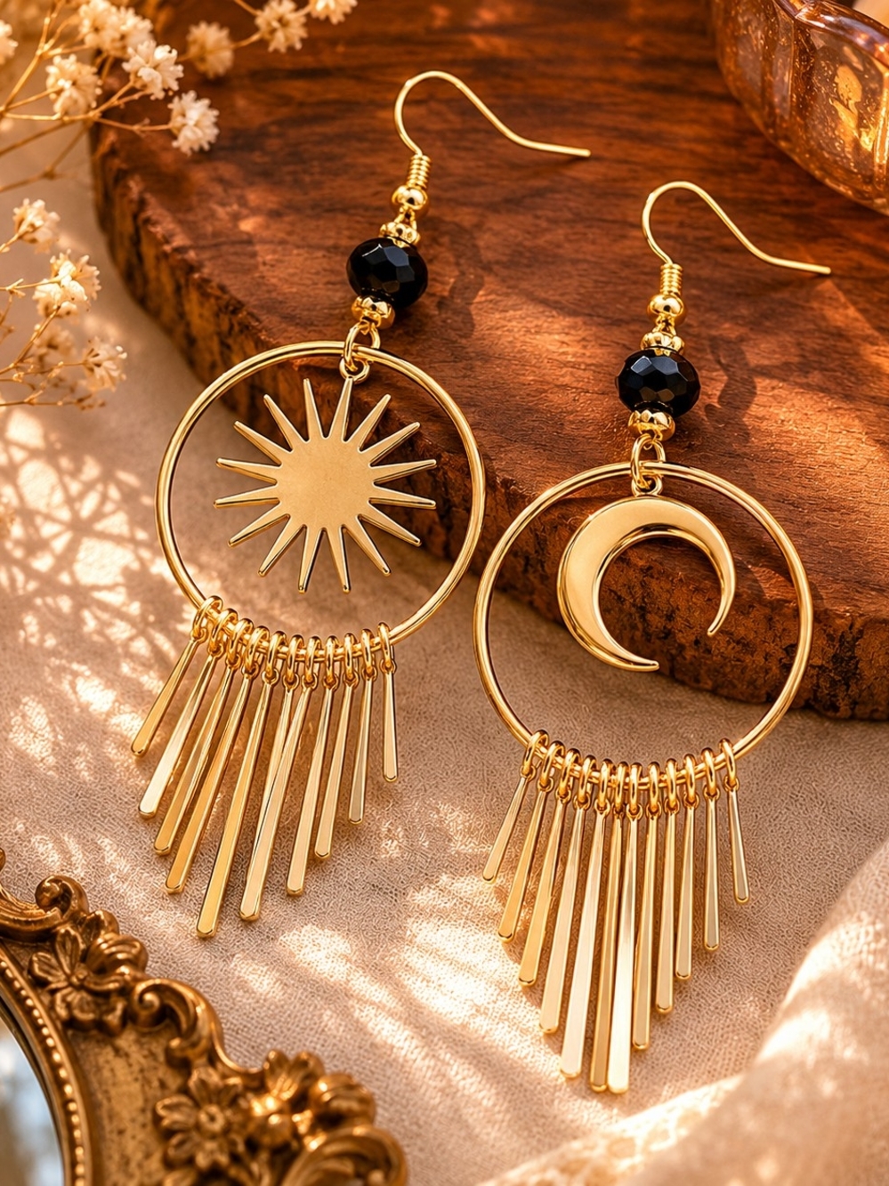 2 for $18 Gold Celestial Sun & Moon Dangle Earrings with Black Beads New